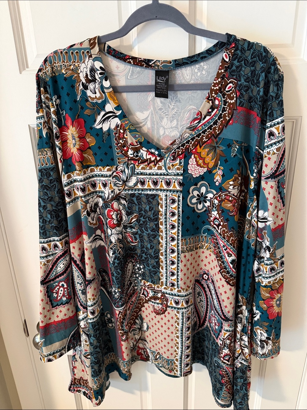 Lildy Floral Patchwork Boho Tunic Handkerchief Hem Swing Top Side Pockets 2X-3X
